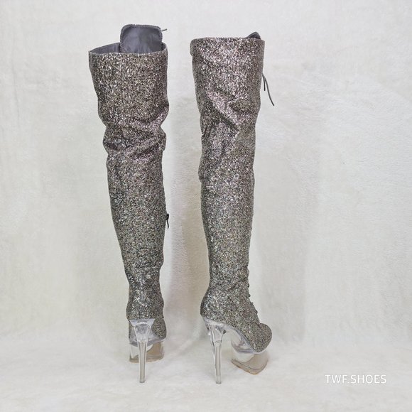 Bulls Silver Glitter Lace Up OTK Platform High Heel Thigh Boot - Picture 5 of 17